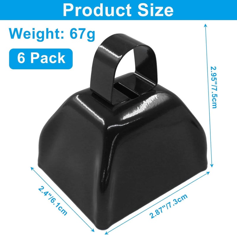 Suiwotin 6 Pack Metal Cowbells with Handle, 3 Inch Loud Noise Makers for Sporting Events, Football Games, Weddings & Celebrations - Steel Cow Bell for Cheering, Parties, Ranch (Black) - Image 2
